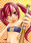  bandeau bare_shoulders baseball_bat checkered flat_chest highres kooh long_hair midriff one_eye_closed pangya red_eyes red_hair smile solo strapless tubetop twintails watchrin_hanshin 