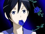  black_hair blood+ blue_eyes blue_flower blue_rose diva_(blood+) flower mouth_hold petals rose short_hair solo vector_trace 