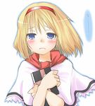  alice_margatroid blonde_hair blue_eyes blush book crossed_arms grimoire grimoire_of_alice hairband hane_(hanegoya) looking_at_viewer object_hug short_hair simple_background solo touhou upper_body white_background 