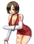 :o arm_sling artist_request bandage_over_one_eye bandaged_arm bandages bangs bare_shoulders blood breasts brown_eyes brown_hair cast choker cleavage dress eileen_galvin eyepatch from_side holding injury large_breasts leaning_forward looking_at_viewer open_mouth red_dress shadow short_dress short_hair silent_hill silent_hill_4 simple_background solo thigh_gap white_background 