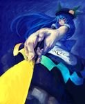 binayu blue_hair food foreshortening fruit hat hinanawi_tenshi long_hair looking_at_viewer outstretched_arm peach puffy_short_sleeves puffy_sleeves rainbow_order red_eyes short_sleeves solo sword_of_hisou touhou 