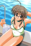  ahoge breasts brown_eyes brown_hair casual_one-piece_swimsuit cleavage comic_party glasses huge_breasts jpeg_artifacts long_hair makimura_minami non-web_source one-piece_swimsuit pool pool_ladder poolside sitting solo swimsuit 