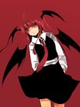  bad_id bad_pixiv_id blending dutch_angle head_wings highres hijiri_(resetter) koakuma long_hair looking_at_viewer necktie purple_eyes red_background red_hair red_neckwear solo touhou wings 