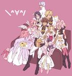  4girls anya_alstreim arthur_(code_geass) blue_hair boots brown_hair cake cat cecile_croomy closed_eyes code_geass couch dress euphemia_li_britannia food gift gino_weinberg gloves graphite_(medium) harem karezel knights_of_the_round_uniform kururugi_suzaku lloyd_asplund long_hair mechanical_pencil midriff multiple_boys multiple_girls nunnally_lamperouge pastry pencil pink_hair purple_eyes purple_hair red_eyes short_hair thighhighs traditional_media uniform 