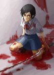  black_hair blood blood+ bow kneeling otonashi_saya red_eyes short_hair skirt solo sword weapon yuzunoki_taro 