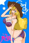  ass bad_id bad_pixiv_id blonde_hair blue_eyes bra cowboy_hat hat lingerie long_hair one_eye_closed original panties solo striped striped_panties ten_(ch) underwear underwear_only v western 