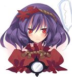  bad_id bad_pixiv_id blue_hair blush hair_ornament hanepochi highres leaf_hair_ornament red_eyes short_hair solo sweatdrop touhou yasaka_kanako 