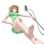  amami_haruka barefoot blood brown_hair cif dress feet from_below green_eyes idolmaster idolmaster_(classic) idolmaster_1 looking_at_viewer looking_down microphone microphone_stand panties pantyshot ribbon short_hair solo underwear 