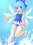  adapted_costume bad_id bad_pixiv_id bare_legs bare_shoulders barefoot blue_eyes blue_hair cirno foreshortening hands looking_at_viewer midori_(green_tea) one-piece_swimsuit open_mouth outstretched_arms ribbon short_hair smile solo standing standing_on_one_leg swimsuit touhou water wings 