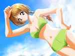  bikini black_eyes braid breasts brown_hair cleavage cloud day dutch_angle game_cg kouno_yukiyo large_breasts long_hair non-web_source shorts solo swimsuit umi_no_megami_sora_no_megami 