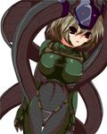  :d artist_request blonde_hair blue_eyes bodysuit breasts claws cowboy_shot gem headpiece large_breasts laughing_octopus looking_at_viewer metal_gear_(series) metal_gear_solid_4 open_mouth simple_background skin_tight smile solo taut_clothes thigh_gap white_background 