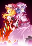  back-to-back bad_id bad_pixiv_id blonde_hair closed_eyes flandre_scarlet hat holding_hands hong_(white_spider) lavender_hair light multiple_girls one_side_up remilia_scarlet ribbon short_hair siblings sisters touhou wings wrist_cuffs 