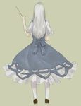  as blue_dress dress from_behind kamishirasawa_keine long_hair short_sleeves simple_background solo touhou wand white_hair white_legwear 