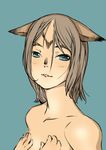  animal_ears bad_id bad_pixiv_id blue_eyes branch_(blackrabbits) brown_hair covering covering_breasts face final_fantasy final_fantasy_xi mithra nude short_hair simple_background solo 