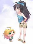  ^_^ afuu ahoge akane_yuki black_hair blonde_hair camisole chibi closed_eyes ganaha_hibiki green_eyes grin hand_on_hip hoshii_miki idolmaster idolmaster_(classic) idolmaster_1 long_hair minigirl multiple_girls ponytail puchimasu! sandals shorts smile wristband 