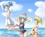  alternate_hairstyle armpits barefoot blonde_hair blue_eyes blue_hair blush bob_cut bow cirno cloud collarbone day dress flat_chest flying ghost green_eyes hair_bow hair_ribbon hair_tie konpaku_youmu konpaku_youmu_(ghost) moriya_suwako multiple_girls ocean one-piece_swimsuit open_mouth outdoors ponytail ribbon school_swimsuit shiro_tele_cus short_hair silver_hair sky standing sundress swimsuit touhou wading water wings 