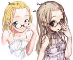  adjusting_eyewear bad_id bad_pixiv_id blonde_hair comparison copyright_request flat_chest forehead glasses green_eyes hands long_hair multiple_girls sketch smile unaji 