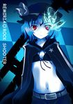  bikini_top black_rock_shooter black_rock_shooter_(character) black_rock_shooter_(character)_(cosplay) blue_hair cosplay hat headwear jacket navel no_wings ogami_kazuki parody red_eyes remilia_scarlet short_shorts shorts solo touhou 