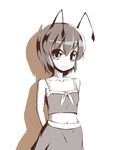  against_wall alternate_costume antennae arms_behind_back blush brown camisole casual drop_shadow frown looking_at_viewer midriff monochrome navel shadow short_hair simple_background solo touhou white_background wriggle_nightbug yoshika_(music480069) 