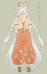  as bow from_behind fujiwara_no_mokou green_background hair_bow long_hair long_sleeves multi-tied_hair ofuda silver_hair simple_background solo standing touhou very_long_hair 