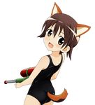  animal_ears artist_request brown_eyes brown_hair dog_ears dog_tail highres miyafuji_yoshika one-piece_swimsuit solo strike_witches swimsuit tail transparent_background water_gun world_witches_series 