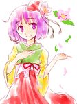  flower hieda_no_akyuu myama petals purple_eyes purple_hair short_hair solo touhou 