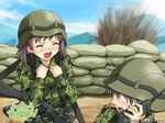  1boy 1girl army blush game_cg gun helmet weapon 