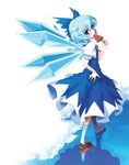 bad_id bad_pixiv_id blue_dress blue_hair bow cirno dirty dress food fruit hair_bow hong_(white_spider) ice_cream large_bow popsicle reflection ribbon short_hair solo touhou walking walking_on_liquid water watermelon watermelon_bar wings 