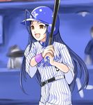  :d ahoge baseball baseball_bat baseball_helmet baseball_uniform blue_hair brown_eyes clothes_writing helmet highres idolmaster idolmaster_(classic) idolmaster_1 long_hair miura_azusa nippon_professional_baseball open_mouth smile solo sportswear suishin_(18m) wristband yokohama_dena_baystars 