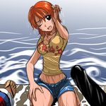  2boys angry breasts brook cleavage curvy highres kakkii kneeling medium_breasts monkey_d_luffy multiple_boys nami_(one_piece) one_eye_closed one_piece orange_hair shirt short_hair shorts solo_focus water wet wet_clothes wet_shirt wet_t-shirt 