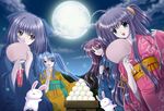  :d ahoge bangs blue_hair blue_ribbon brown_eyes bunny cloud dango fan fireflies floral_print food full_moon green_eyes hair_ribbon holding japanese_clothes kimono long_hair long_sleeves lovely_idol mochi mole mole_under_eye moon moon_rabbit multiple_girls night night_sky nishimata_aoi obi open_mouth paper_fan purple_hair ribbon sash sidelocks sky smile tree tsukimi_dango twintails two_side_up uchiwa wagashi wide_sleeves 