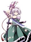  aka_ringo blue_eyes dual_wielding flower frills hairband hitodama holding katana konpaku_youmu konpaku_youmu_(ghost) short_hair silver_hair skirt solo sword touhou weapon 