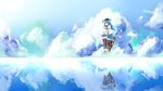  blue_hair blue_sky boots cloud dress hat highres hinanawi_tenshi keystone long_hair red_eyes reflection salt_flats scenery shuizao_(little_child) sitting skirt sky smile solo touhou water 