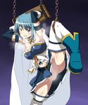  1girl anus armpits arms_up bdsm belt blue_eyes blue_hair blush bondage boots bound breasts cape censored chains cleavage elbow_gloves flt gloves highres leg_lift leg_up legs_up mahou_shoujo_madoka_magica miki_sayaka mosaic_censoring no_panties open_mouth pillory pussy short_hair skirt solo standing steam stocks thighhighs zettai_ryouiki 