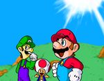  3boys brothers cap facial_hair gloves ground happy hat luigi male male_focus mario mario_(series) multiple_boys mustache outdoors outside siblings sky smile sun sunlight super_mario_bros. suspenders toad vest 