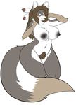  black_skin breasts brown_hair canine coyote feather female fenrir_lunaris fluffy_tail hair hybrid looking_at_viewer mammal milf mother nipples nude parent plain_background pubes skidd solo white_background wide_hips yellow_eyes 