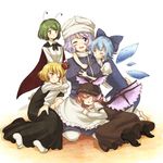  ;d ^_^ antennae apron blonde_hair blue_eyes blue_hair blush breasts cape cirno closed_eyes green_eyes green_hair hair_ribbon hat hug ice ice_wings large_breasts lavender_hair letty_whiterock motherly multiple_girls mystia_lorelei one_eye_closed open_mouth pink_hair revision ribbon rumia short_hair smile team_9 touhou urin waist_apron wings wriggle_nightbug yellow_eyes 