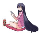  :o black_hair bottle brown_eyes crossed_legs game_boy handheld_game_console houraisan_kaguya jack_(wkm74959) long_hair looking_at_viewer looking_back mannosuke morichika_rinnosuke neet no_pants open_mouth panties simple_background sitting solo touhou underwear very_long_hair white_background white_panties 