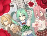  bad_id bad_pixiv_id blonde_hair blue_eyes blush bow bowtie dutch_angle fingernails furukawa_itsuse green_eyes green_hair hair_ribbon hand_on_own_chest hands hatsune_miku kagamine_rin long_hair megurine_luka multiple_girls open_mouth pink_hair ribbon twintails very_long_hair vocaloid 