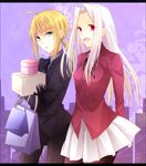  ahoge artoria_pendragon_(all) bad_id bad_pixiv_id bag black_gloves black_legwear blonde_hair box fate/zero fate_(series) formal gloves green_eyes irisviel_von_einzbern kuruwa223 long_hair multiple_girls necktie pant_suit pantyhose ponytail red_eyes reverse_trap saber suit white_hair 