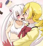  blonde_hair blood blush bra drill_hair food genderswap genderswap_(mtf) hayashiya_zankurou jellyfish kyubey mahou_shoujo_madoka_magica mamikurage multiple_girls nosebleed personification pocky red_eyes school_uniform tomoe_mami twin_drills twintails underwear white_hair yellow_eyes yuri 