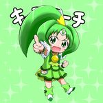  :o bike_shorts bootyan bow bowtie brooch character_name child choker clenched_hand cure_march full_body green green_background green_eyes green_hair green_shorts green_skirt jewelry magical_girl midorikawa_nao pointing ponytail precure shoes short_hair shorts shorts_under_skirt skirt smile smile_precure! solo sparkle translated tri_tails wrist_cuffs younger 