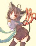  :3 ahoge animal_ears asymmetrical_wings black_legwear capelet cheese cosplay food grey_hair houjuu_nue mouse_ears mouse_tail nazrin nazrin_(cosplay) red_eyes short_hair skirt solo tail thighhighs touhou wings yuuhagi_(amaretto-no-natsu) 