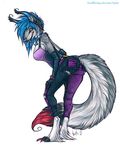  bent_over blue_hair blue_tongue breasts canine clothed clothing female fluffy_tail fur grey_fur hair hybrid looking_at_viewer mammal open_mouth piercing plain_background solo standing tongue tongue_out tongue_piercing toots white_background 