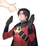  2boys artist_request bandoliers batman_(series) black_hair blue_eyes cape dc_comics eyin finger_gun gloves hands_up head_out_of_frame male male_focus multiple_boys realistic red_robin surrender tim_drake yin_(artist) 