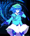  akenoin_soumon backpack bag blue_eyes blue_hair dress frown gloves gun hair_bobbles hair_ornament hat kawashiro_nitori key pantyhose solo touhou weapon 