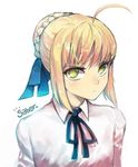  ahoge artoria_pendragon_(all) blonde_hair character_name fate/stay_night fate_(series) green_eyes hair_ribbon looking_at_viewer ribbon rushi_(bloodc) saber short_hair sketch solo upper_body 