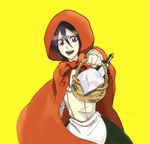  alcohol bad_id bad_pixiv_id basket beksy black_hair bleach bottle cape cosplay hood kuchiki_rukia little_red_riding_hood little_red_riding_hood_(grimm) little_red_riding_hood_(grimm)_(cosplay) open_mouth purple_eyes short_hair simple_background solo wine yellow_background 