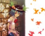  :d against_wall alternate_hair_length alternate_hairstyle autumn_leaves bad_id bad_pixiv_id blue_hair blush bow brick_wall food fruit ghost_okada hat hinanawi_tenshi long_hair looking_at_viewer open_mouth peach red_eyes running_bond short_hair smile solo touhou 
