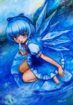  blue_eyes blue_hair blue_skirt blue_sky blush bow cirno food hair_bow ice ice_block lake looking_at_viewer mountain oil_painting_(medium) open_mouth popsicle revision shirt short_hair short_sleeves sitting skirt sky solo tafuto touhou wariza water wings 